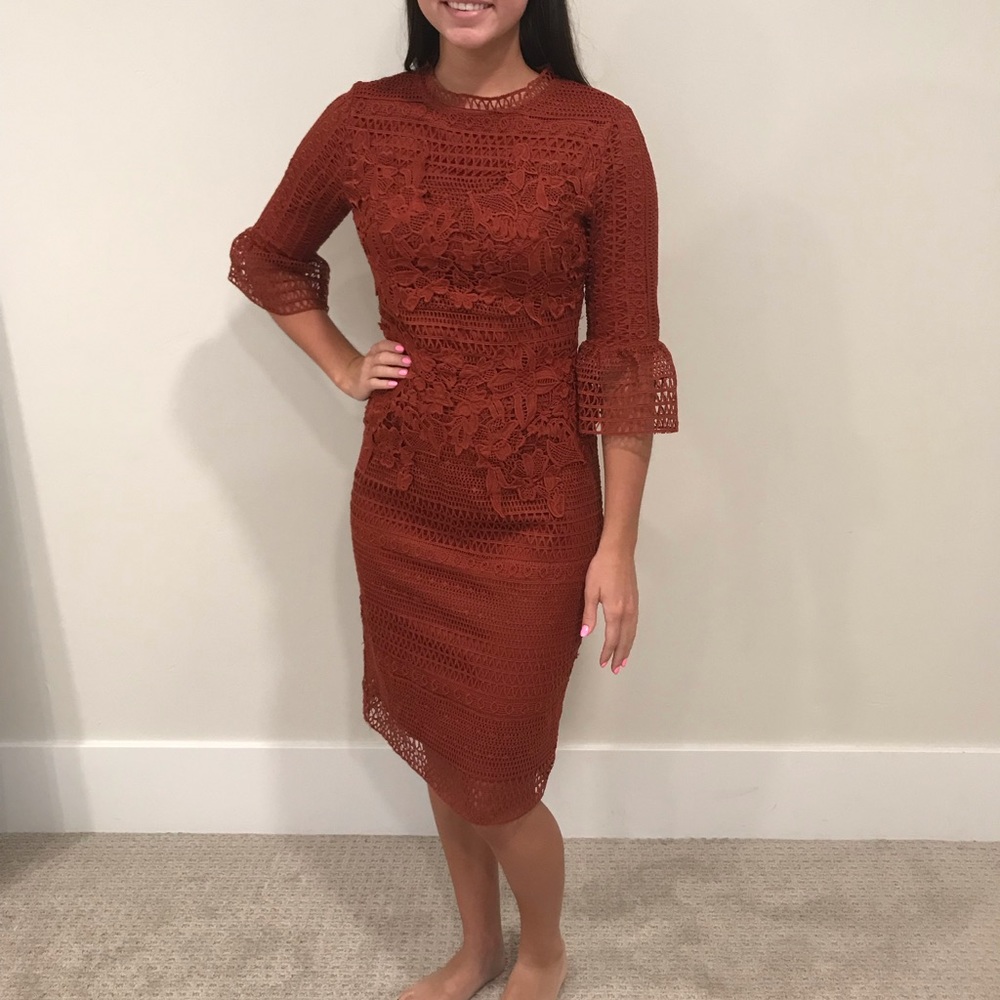 Rust Color Lace and Appliqué Midi Dress